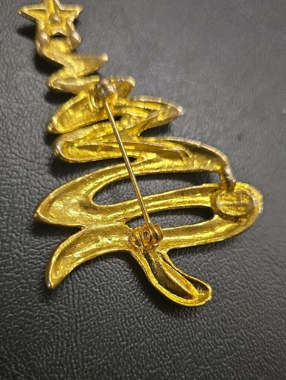 Gold-tone Christmas Tree Brooch with Green Gem Accent